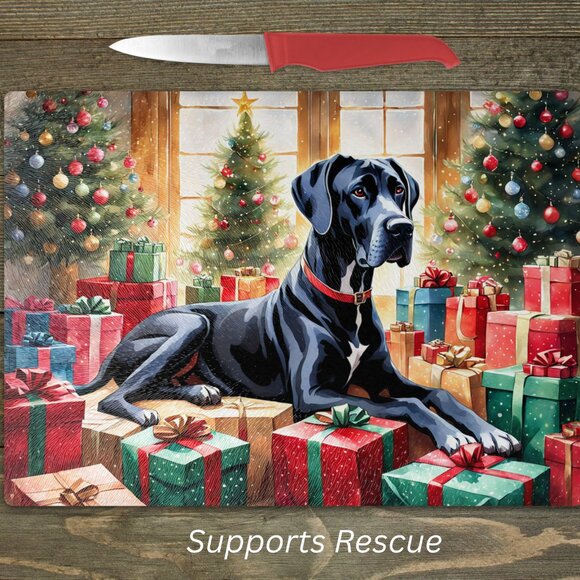 Christmas Great Dane Kitchen Tempered Glass Cutting Board or Trivet - Picture 1 of 1